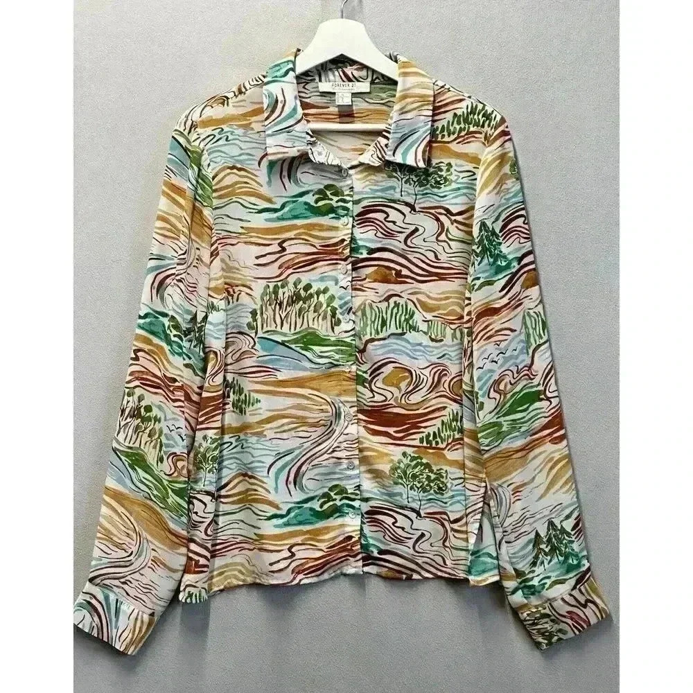 Forever 21 Women's Sz XL Contemporary Forest Painted Button-Down Side Slit Shirt